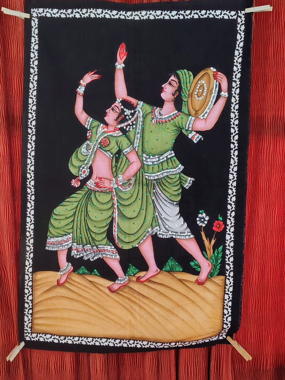 Mughal Art Tapestry/ Banner Handpainted Sequin Embellished Hindu India 36x23"